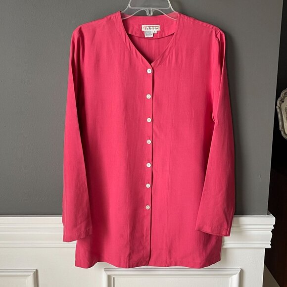 Talbots Silk Pink V-neck Button Front Split Hem Long Sleeve Tunic Blouse Shirt 8 - Picture 1 of 6